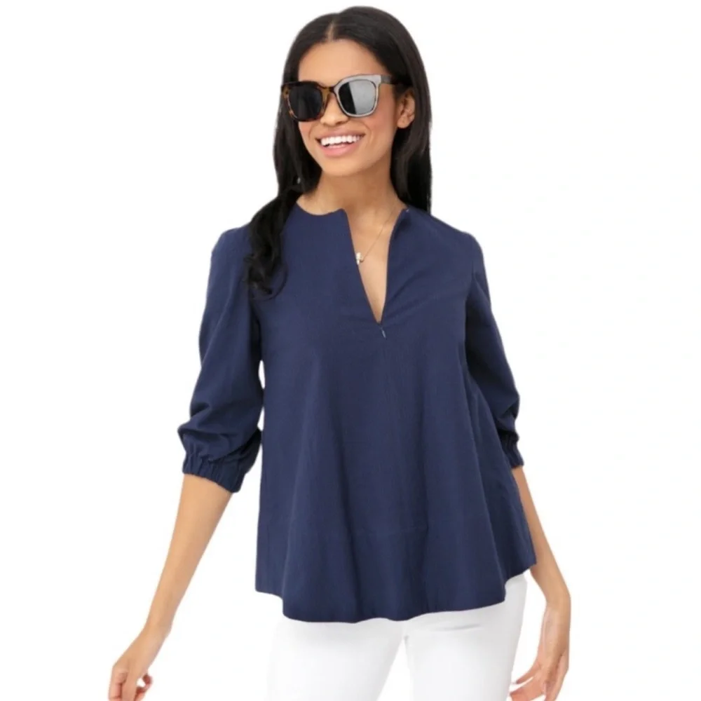 Tuckernuck Pomander Place Seersucker Kieran Blouse in Navy Blue